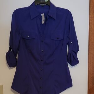 NWT Express Design Studios Dark Purple Button Front Blouse SZ M